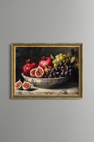 epiqart Çini Kâsede Pomegranate, Fig, and Grapes - Vintage Patterned Tableclo...