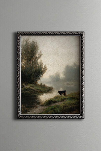 epiqart Cow on the Misty Lake Shore - Vintage Patterned Painting - Fine Model