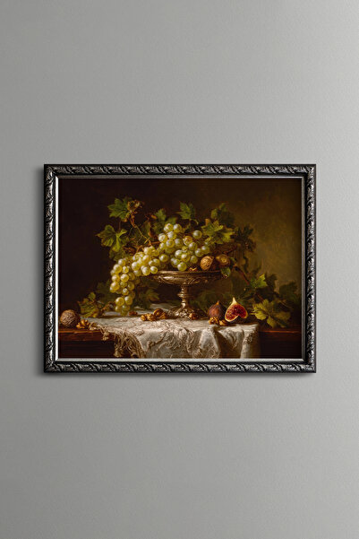 epiqart Grapes and Figues in a Silver Bowl - Vintage Patterned Painting - Fin...