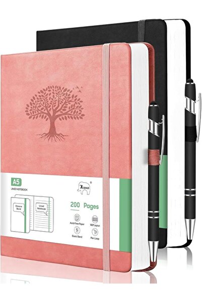 GENERAL 2-Pack A5 Hardcover Leather Notebooks with 2 Pens, Lined Notebook,200...