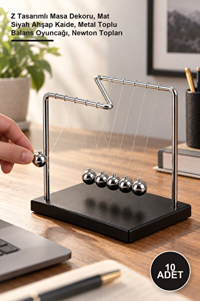 10 Adet Z Balans Denge Topu – Z Tasarımlı Masa Dekoru, Mat Siyah Ahşap Kaide, Metal Toplu Balans Oyuncağı, Newton Topları