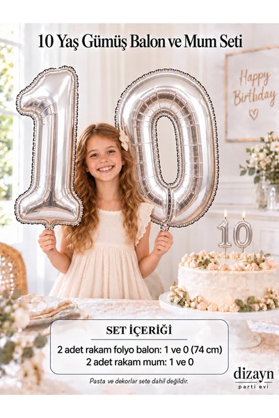 Dizayn Parti Evi 1-20 Yaş Gümüş Rakam Folyo Balon ve Rakam Mum Seti – 74 cm D...