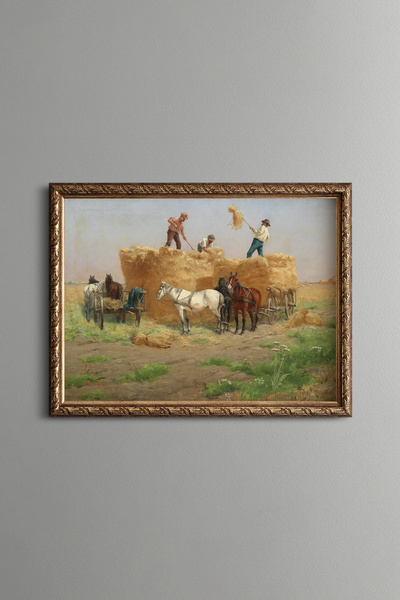 epiqart Harvest Time with Horse-Drawn Carts - Vintage Patterned Painting - Fi...