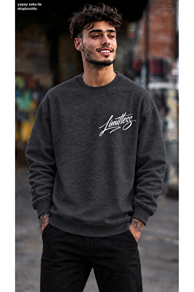 caddekombin Men's Limitless Left Chest Calligraphy Printed Crew Neck Casual R...