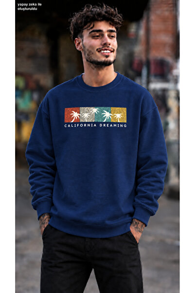 caddekombin Men's California Dreaming Palm Tree Printed Crew Neck Casual Regu...