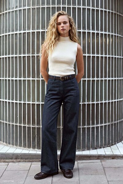 Sateen Kemerli Denim Görünümlü Pantolon - Lacivert