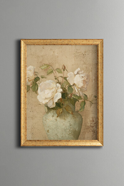 epiqart White Roses in Mint Green Vase - Vintage Patterned Painting - Fine Model