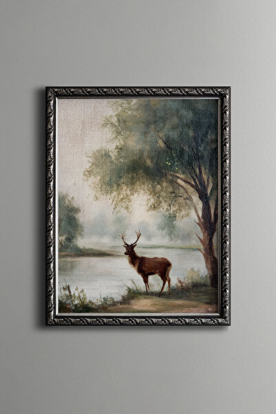 epiqart Deer on the Edge of the Forest Lake - Vintage Patterned Painting - Fi...