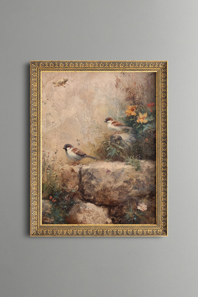 epiqart Two Sparrows among the Flowers - Vintage Patterned Painting - Fine Model