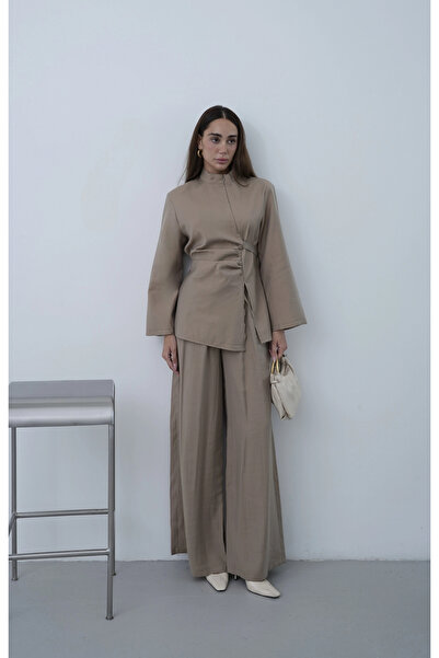 roea Tied Asymmetrical Zippered Trousers Suit Mink