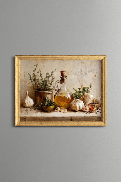 epiqart Olive Oil and Garlic Still Life - Vintage Patterned Painting - Fine M...