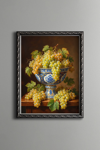 epiqart Grapes in a Blue Chinoiserie Bowl - Vintage Patterned Painting - Fine...