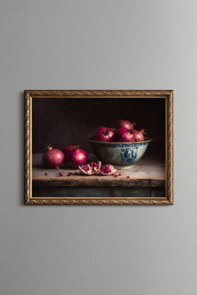 epiqart Pomegranates and Chinese Bowl - Vintage Patterned Painting - Fine Model