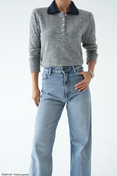 Lupies Women's Polo Collar Colorful Buttoned Wool Sweater