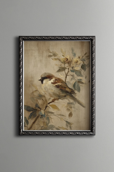 epiqart Sparrow on a Leafy Branch - Vintage Patterned Painting - Fine Model