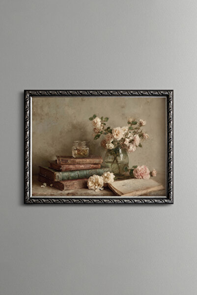 epiqart Roses among Old Books - Vintage Patterned Painting - Fine Model