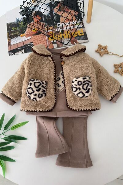 Minigimin Cicileri Baby Girl Winter 3-Piece Set with Leopard Pocket Plush Jac...