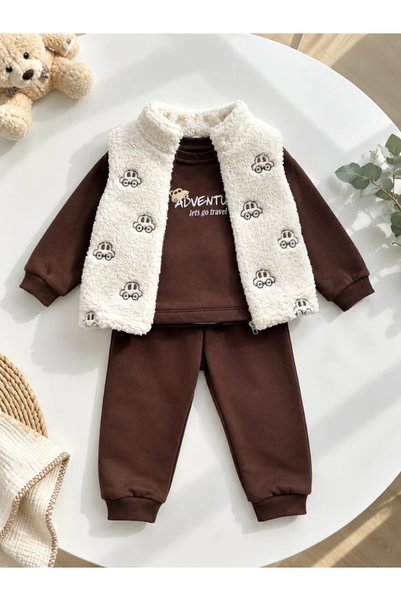 hümabebe Car Embroidery Lamb Vest, Hooded Winter 3-Piece Baby Boy Suit