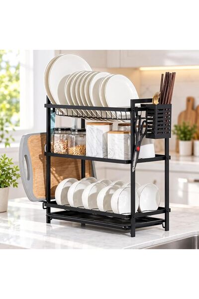 GENERAL 3-Tier Dish Drying Rack for Kitchen Counter - Black Stainless Steel D...