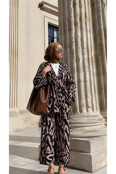Hepsi Moda Zebra Pattern Kimono Set with Pants - Black & Mink