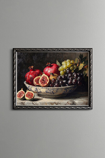 epiqart Çini Kâsede Pomegranate, Fig, and Grapes - Vintage Patterned Tableclo...