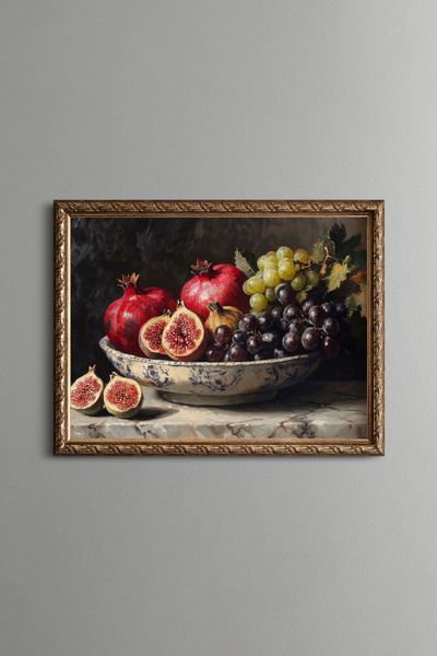 epiqart Çini Kâsede Pomegranate, Fig, and Grapes - Vintage Patterned Tableclo...