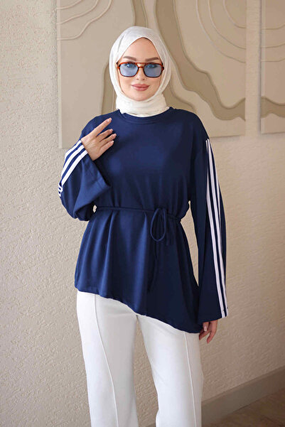 İmajButik Lacivert Bel Bağlamalı Şeritli Sweat