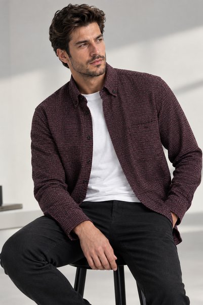 Varetta Men's Burgundy Winter Shirt Checkered Woolen Wide Cut Classic Cut Single Pocket Long Sleeve