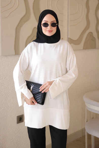 İmajButik Ecru Tunic with Cuffs and Slits on the Sleeves and Skirt