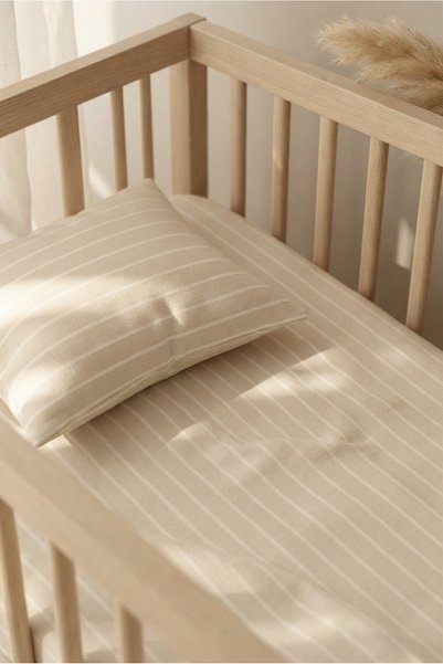 pistore Pamuk Ranforce Lastikli Çarşaf Seti - Açık Kahverengi Çizgili Desenli Park Yatak 70x120 35x45