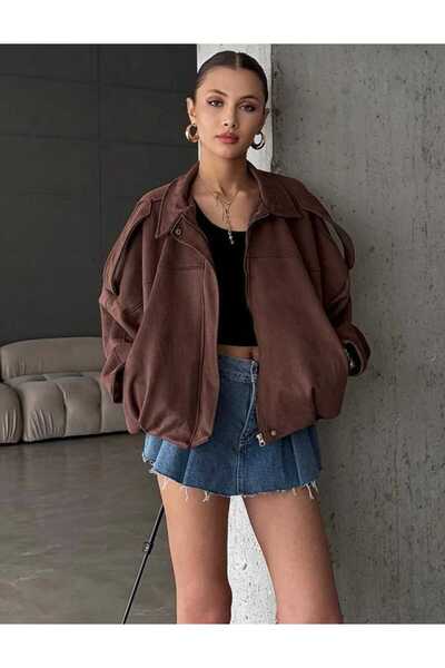 tille dame Oversize Premium Γυναικείο Δερμάτινο Μπουφάν Bomber Χακί Σουέντ