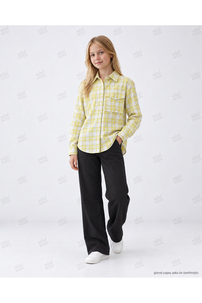 Minimoda Kids Cămașă pentru fetițe cu buzunare și model în carouri galbene