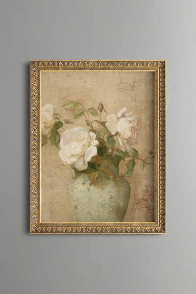 epiqart White Roses in Mint Green Vase - Vintage Patterned Painting - Fine Model