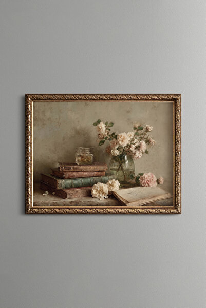 epiqart Roses among Old Books - Vintage Patterned Painting - Fine Model