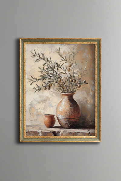 epiqart Olive Branches in a Vase - Vintage Patterned Painting - Fine Model