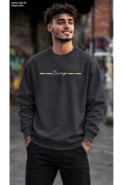 caddekombin Men's Courage Stripe Detailed Printed Crew Neck Casual Regular Fi...