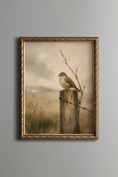 epiqart Sparrow on the Fence - Vintage Patterned Painting - Fine Model