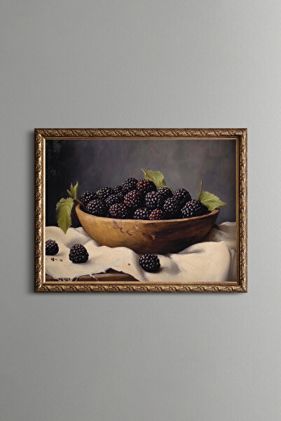 epiqart Blackberries in a Wooden Bowl - Vintage Patterned Painting - Fine Model