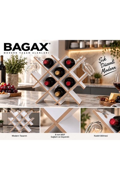 BAGAX MDF 6 Şişelik Şaraplık ve 4 Kadehlik – Masaüstü Şarap Şişesi Standı – D...