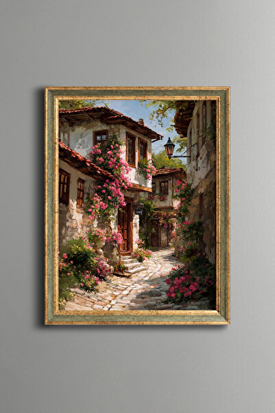 epiqart Stone Street Decorated with Flowers - Vintage Patterned Painting - Fi...