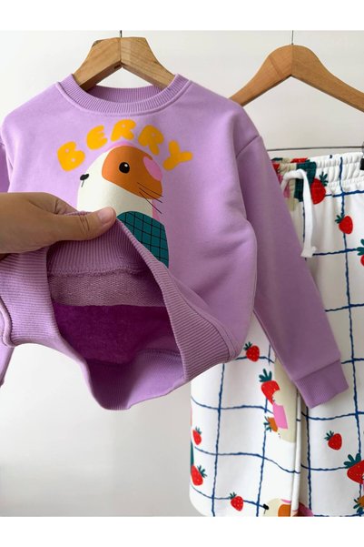 hety Kız Çocuk Berry Cute Baskılı Sweatshrit & Kareli Desenli Pantolon Eşofman Takımı