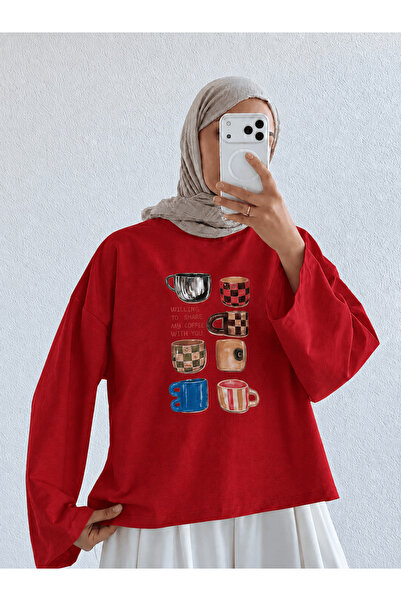 Hepsi Moda Cup Temalı Geniş Kol Sweat - Koyu Kiremit