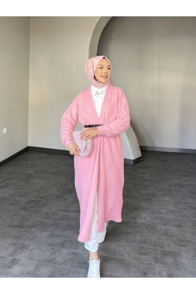 PİNK FLY سترة طويلة بياقة شال من الأنجورا مع حزام