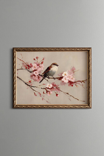 epiqart Bird on a Branch with Pink Flowers - Vintage Patterned Painting - Fin...
