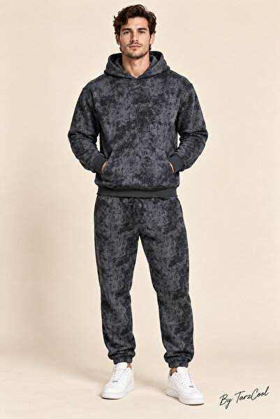 Tarz Cool Men's Marble Patterned 3 Thread Regular Hooded Tracksuit Set