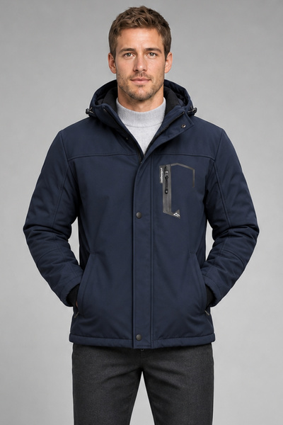 Montland Men's Navy Blue Hooded Fur-Lined Water and Wind-Resistant Softshell ...