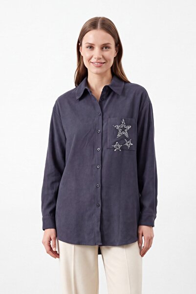 Puane Star Sequined Suede Shirt with Pockets Navy Blue 10748