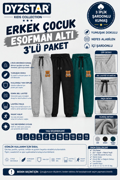 DYZSTAR Erkek Çocuk Eşofman Altı 3 lü Paket Gri Siyah Petrol Yeşili 2 İplik Ş...
