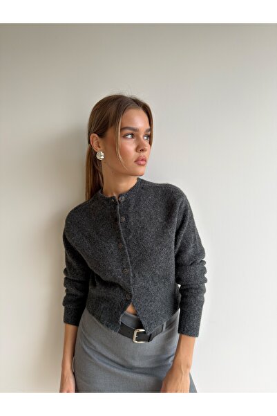 KENZA'A TRİKO Belly-Cut, Button-Front, Ribbed Knit Cardigan