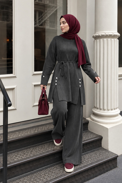 Reys Store Kadın Bel Bağlamalı Düğme Detaylı Triko Tunik Pantolon Takım